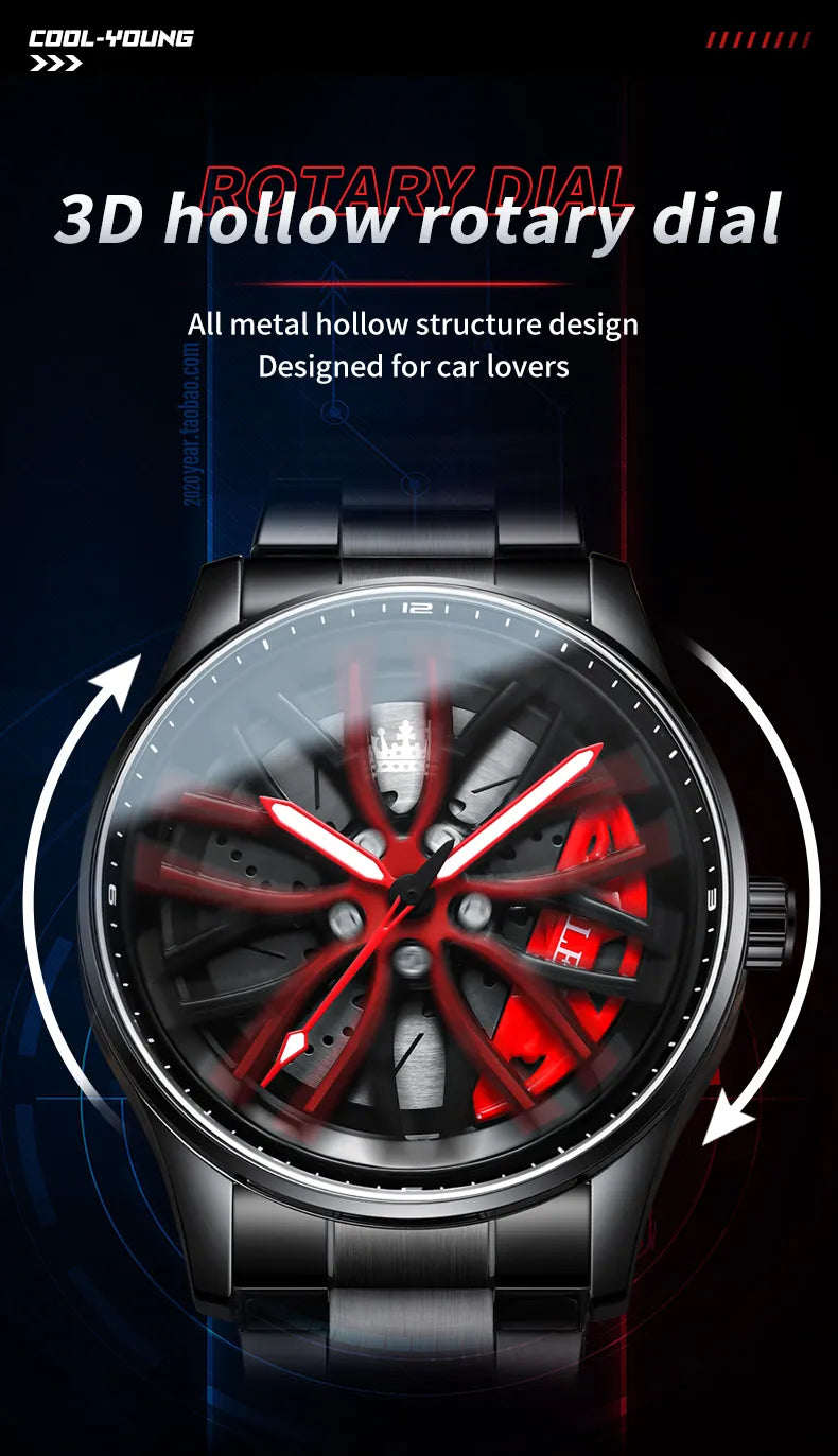 New Men's Stainless 3D Rotating Dial Luminous Sports Car Wheel Quartz Watch