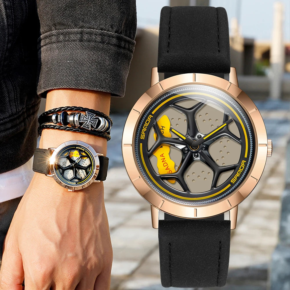 Fantastic Men's 3D Rotating Dial Stainless Luminous Sports Car Wheel Quartz Watch