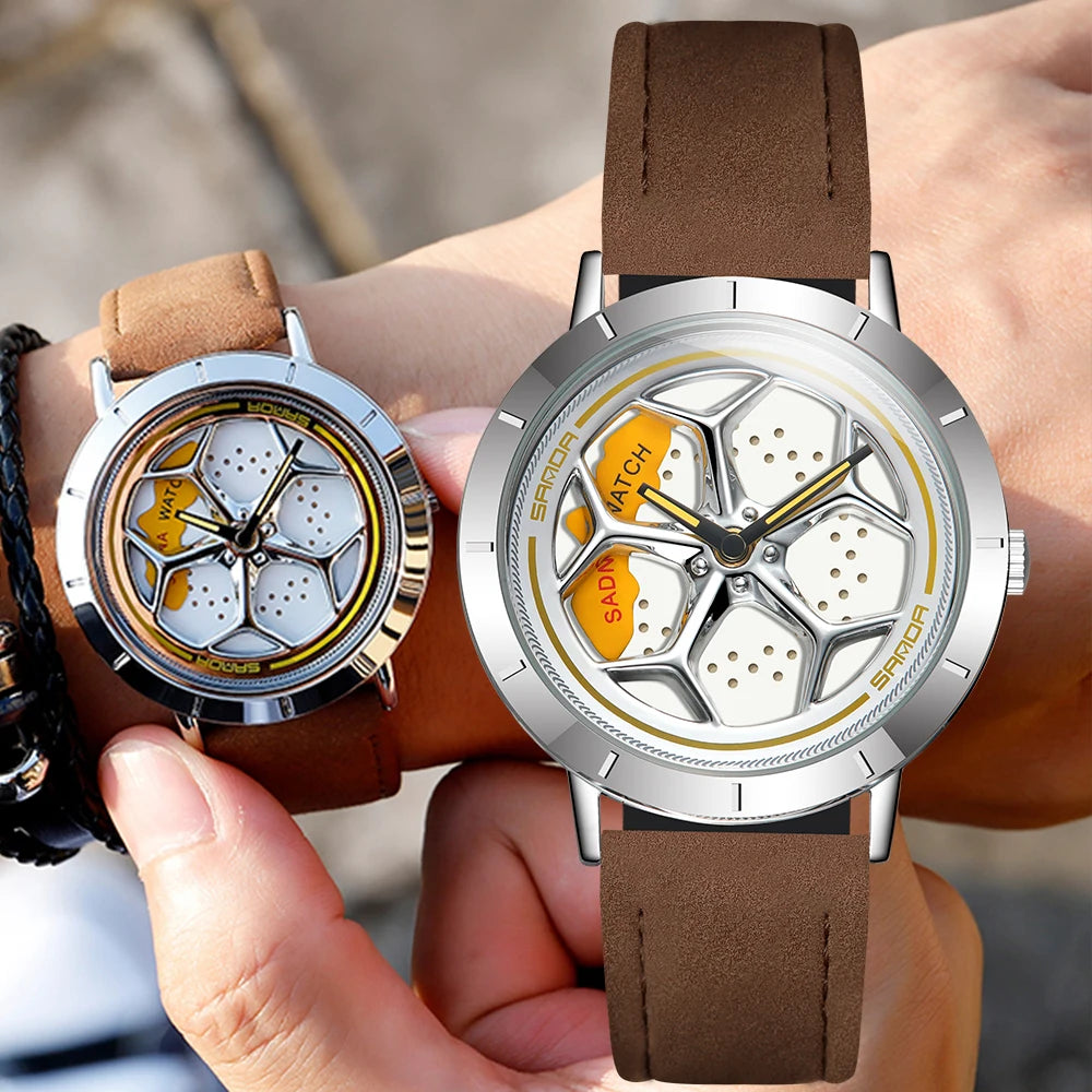 Fantastic Men's 3D Rotating Dial Stainless Luminous Sports Car Wheel Quartz Watch