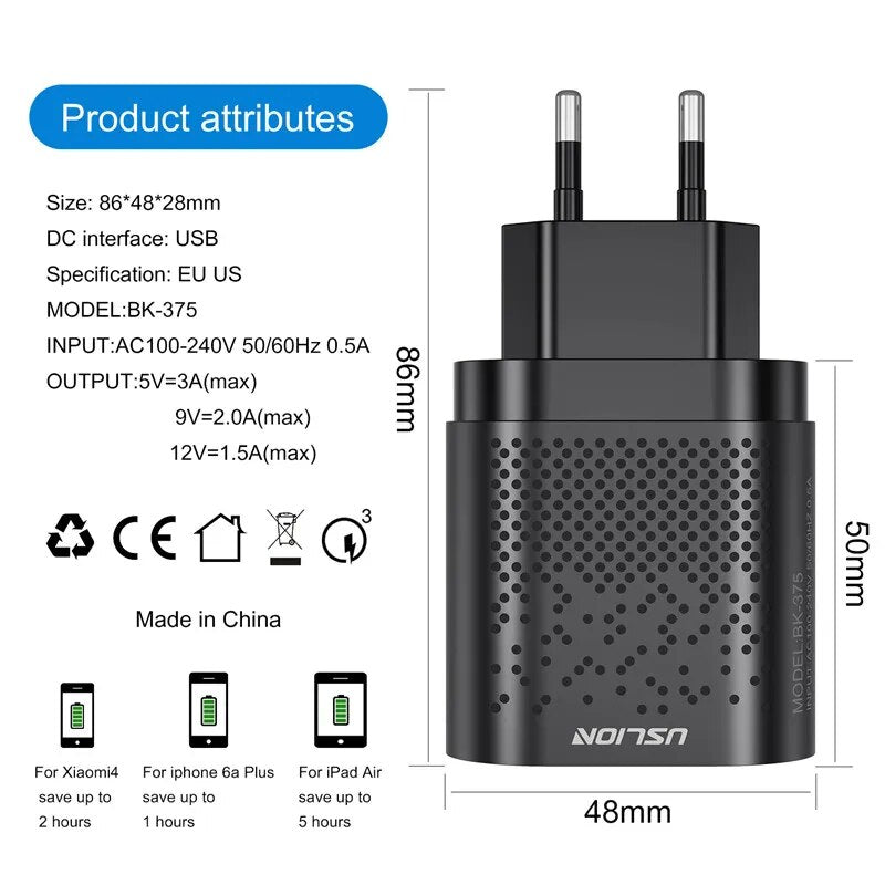 3A Quik Charge 3.0 USB Charger with 4 Ports 48W