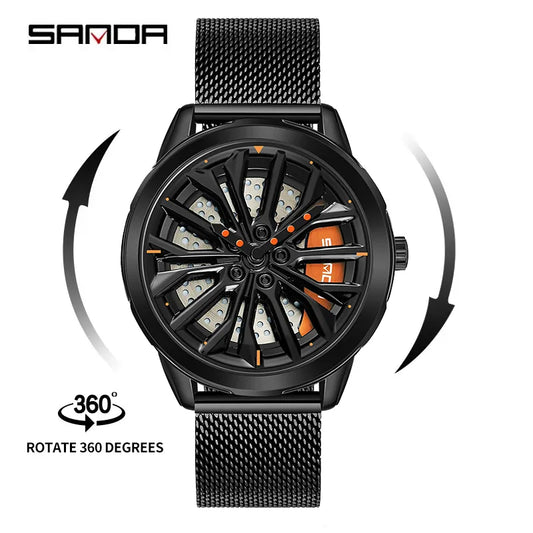 Amazing Men's 3D Rotating Dial Stainless Luminous Sports Car Wheel Quartz Watch