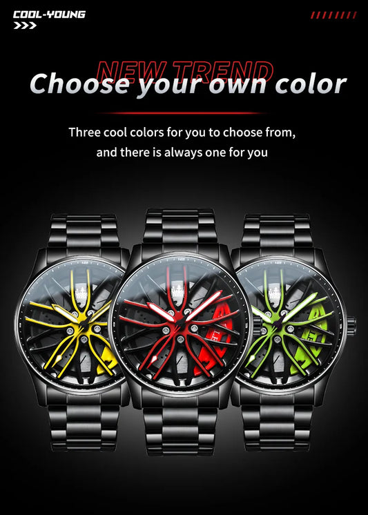 New Men's Stainless 3D Rotating Dial Luminous Sports Car Wheel Quartz Watch