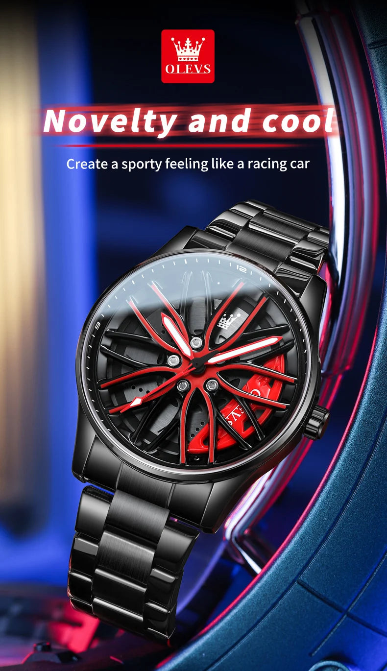 New Men's Stainless 3D Rotating Dial Luminous Sports Car Wheel Quartz Watch