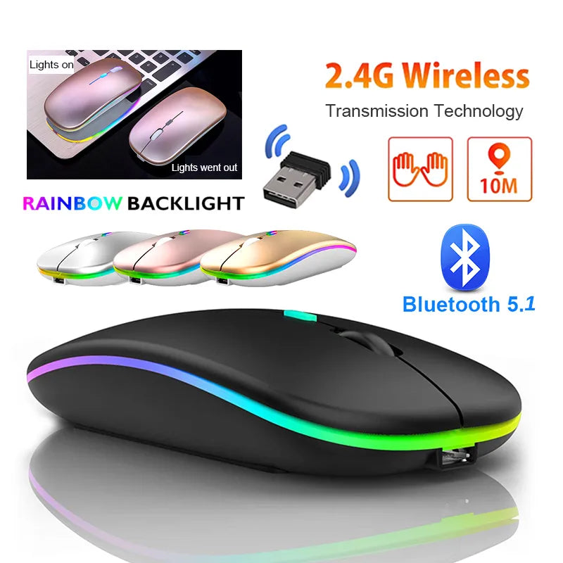 Rechargeable Bluetooth 5.1 Wireless Mouse with 2.4GHz USB 1600DPI