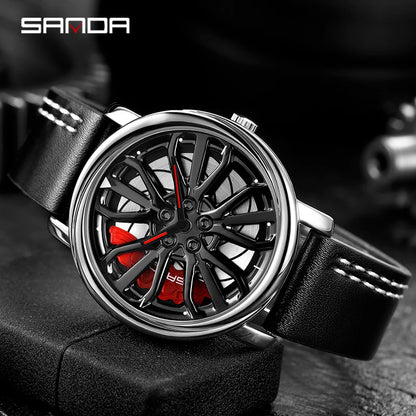 Beautiful Men's 3D Rotating Dial Stainless Luminous Sports Car Wheel Quartz Watch