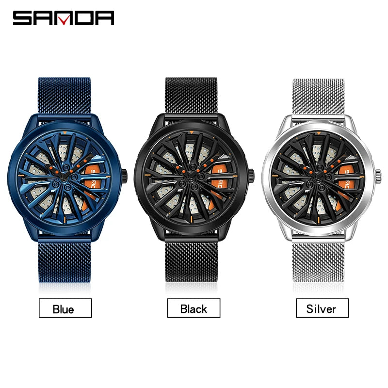 Amazing Men's 3D Rotating Dial Stainless Luminous Sports Car Wheel Quartz Watch