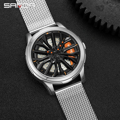 Amazing Men's 3D Rotating Dial Stainless Luminous Sports Car Wheel Quartz Watch