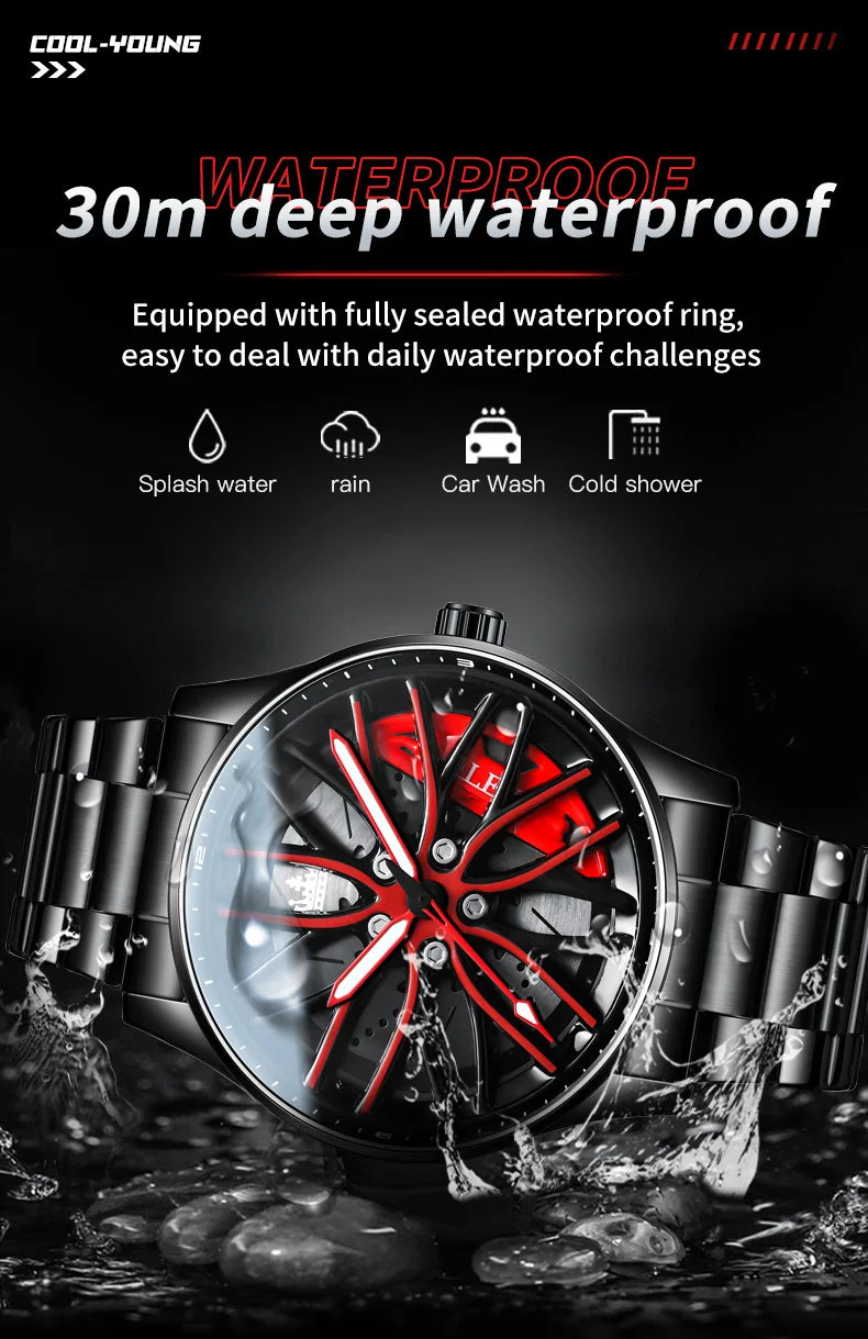 New Men's Stainless 3D Rotating Dial Luminous Sports Car Wheel Quartz Watch