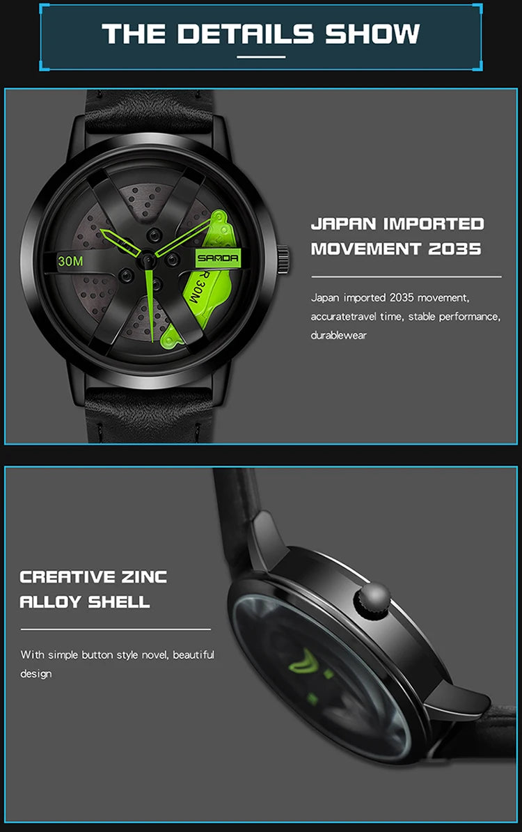 Beautiful 3D Sports Car Wheel Rotating Dial Men's Watch