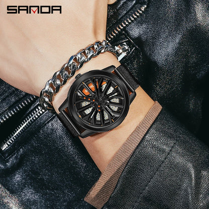 Amazing Men's 3D Rotating Dial Stainless Luminous Sports Car Wheel Quartz Watch