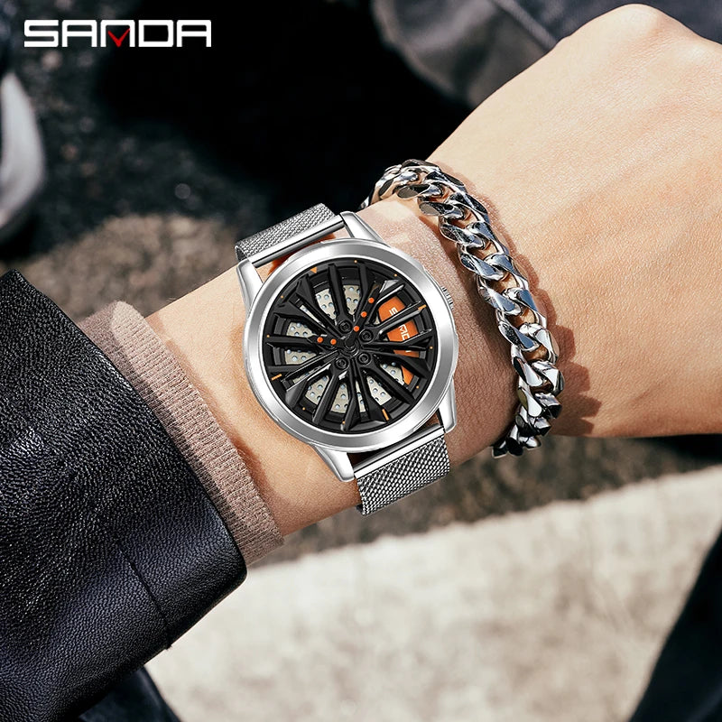 Amazing Men's 3D Rotating Dial Stainless Luminous Sports Car Wheel Quartz Watch