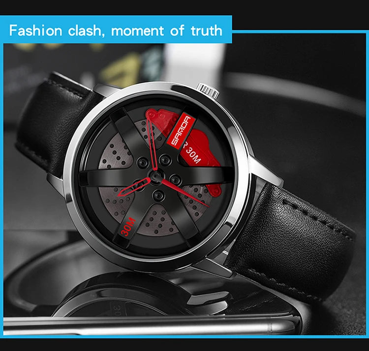 Beautiful 3D Sports Car Wheel Rotating Dial Men's Watch