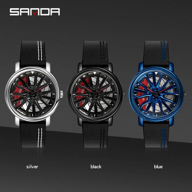 Beautiful Men's 3D Rotating Dial Stainless Luminous Sports Car Wheel Quartz Watch